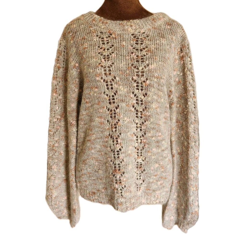 Willow & Clay Sweater Beige Marled Fuzzy Ribbon‎ Coquette Relaxed Wool Mohair XS